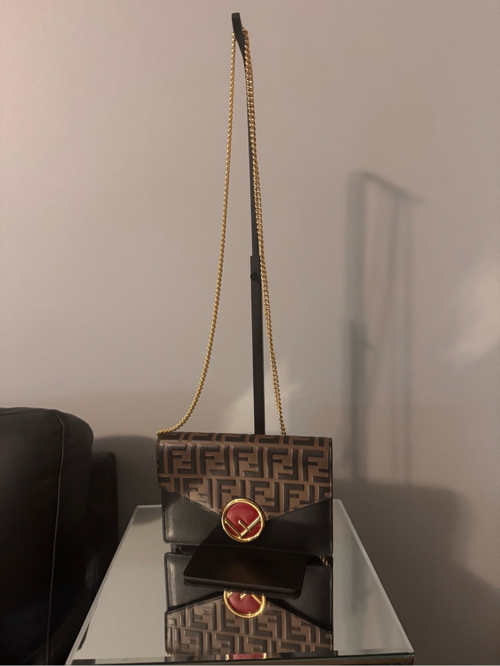 Fendi Brown Monogram and Black Leather Crossbody with Gold Chain